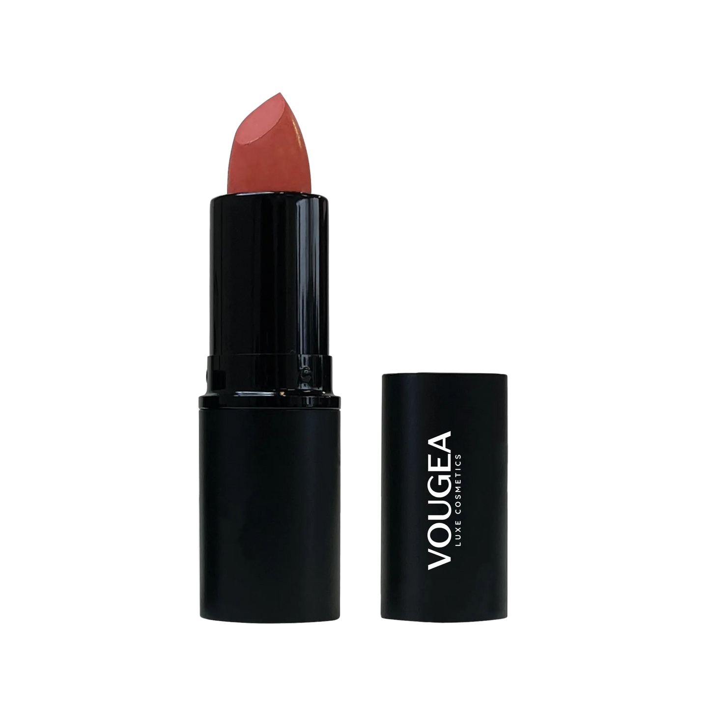 VOUGEA Luxe Lipstick – Simply Mauve in sleek rose gold case with lipstick bullet angled on blush background