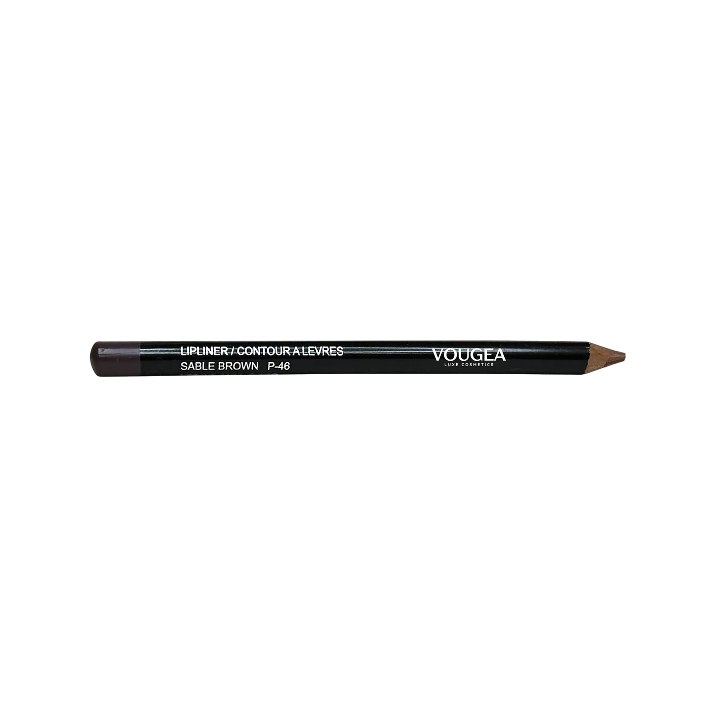 VOUGEA Luxe Lip Liner – Sable Brown pencil with creamy brown tip swatched on blush pink background