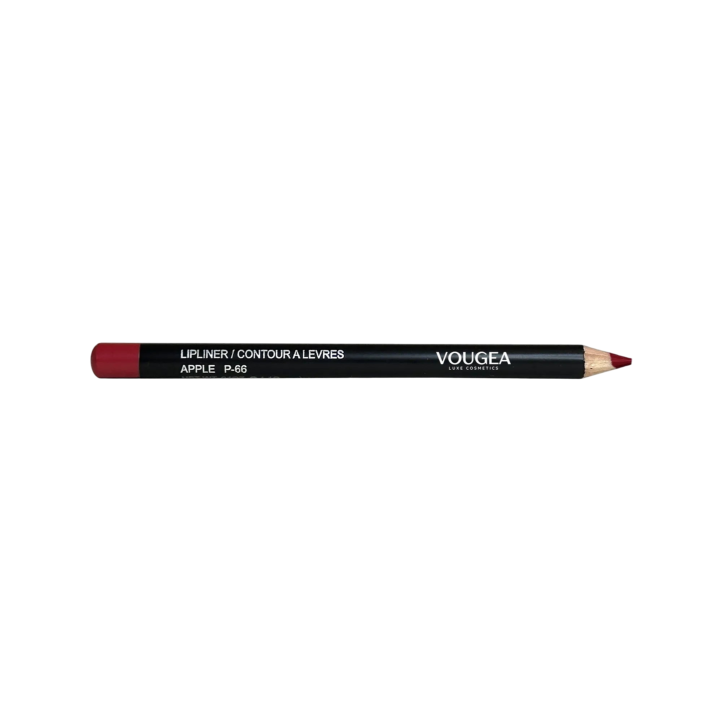 VOUGEA Luxe Lip Liner – Apple pencil with vibrant red pigment swatched on blush rose background
