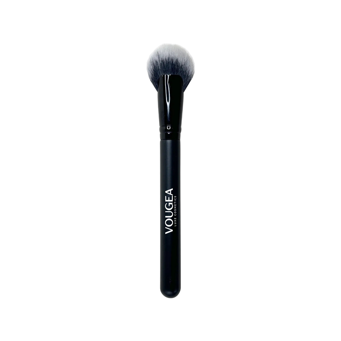 VOUGEA Luxe Cheek Fan Brush with soft fanned bristles displayed on blush pink background