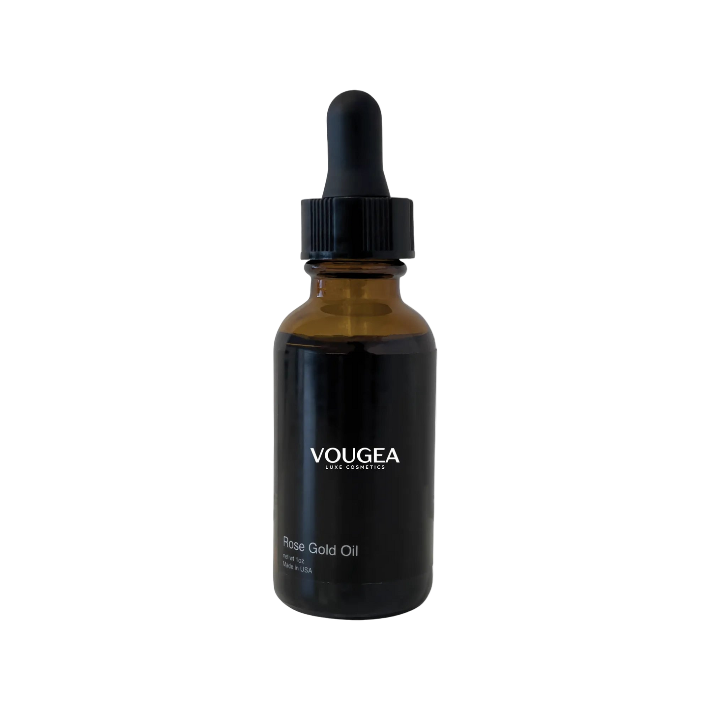 VOUGEA Luxe Rosehip Anti-Aging Serum in glass dropper bottle with rose petals on blush pink background