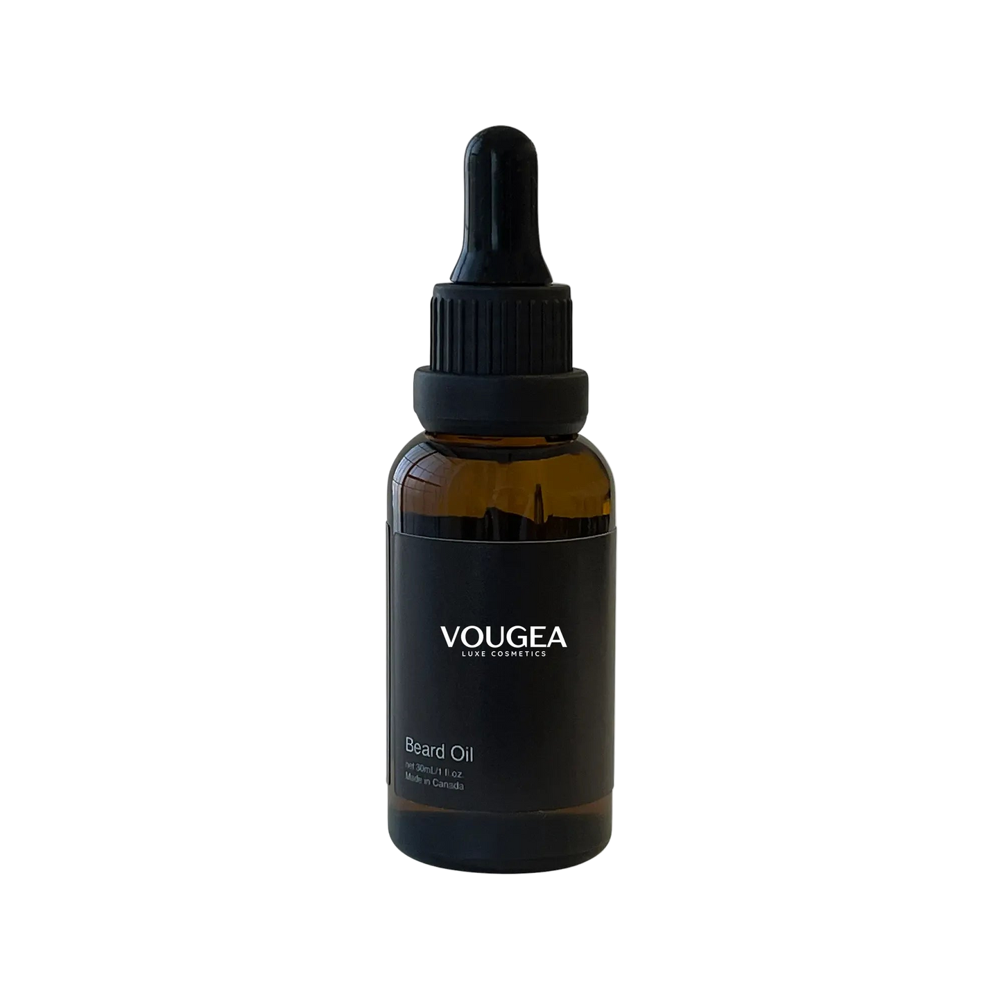 VOUGEA Luxe Premium Beard Oil in amber glass dropper bottle with rosemary sprigs and argan seeds on natural wood background