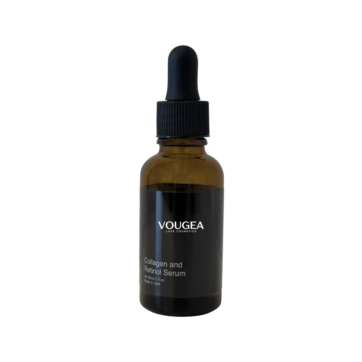 VOUGEA Luxe Collagen + Retinol Serum in glass dropper bottle with golden accents on soft blush background