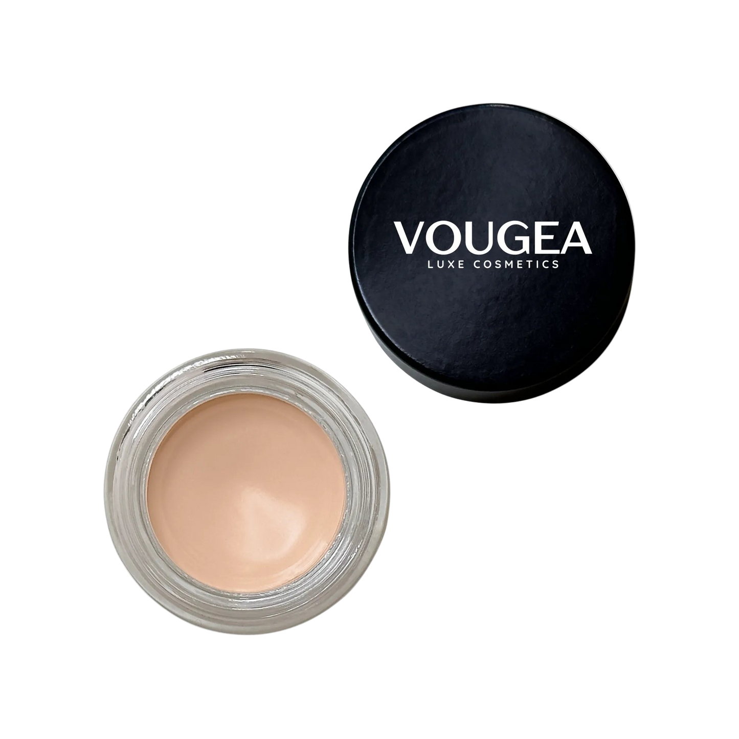 VOUGEA Luxe Eye Primer tube displayed on a soft blush pink background with shadow swatches