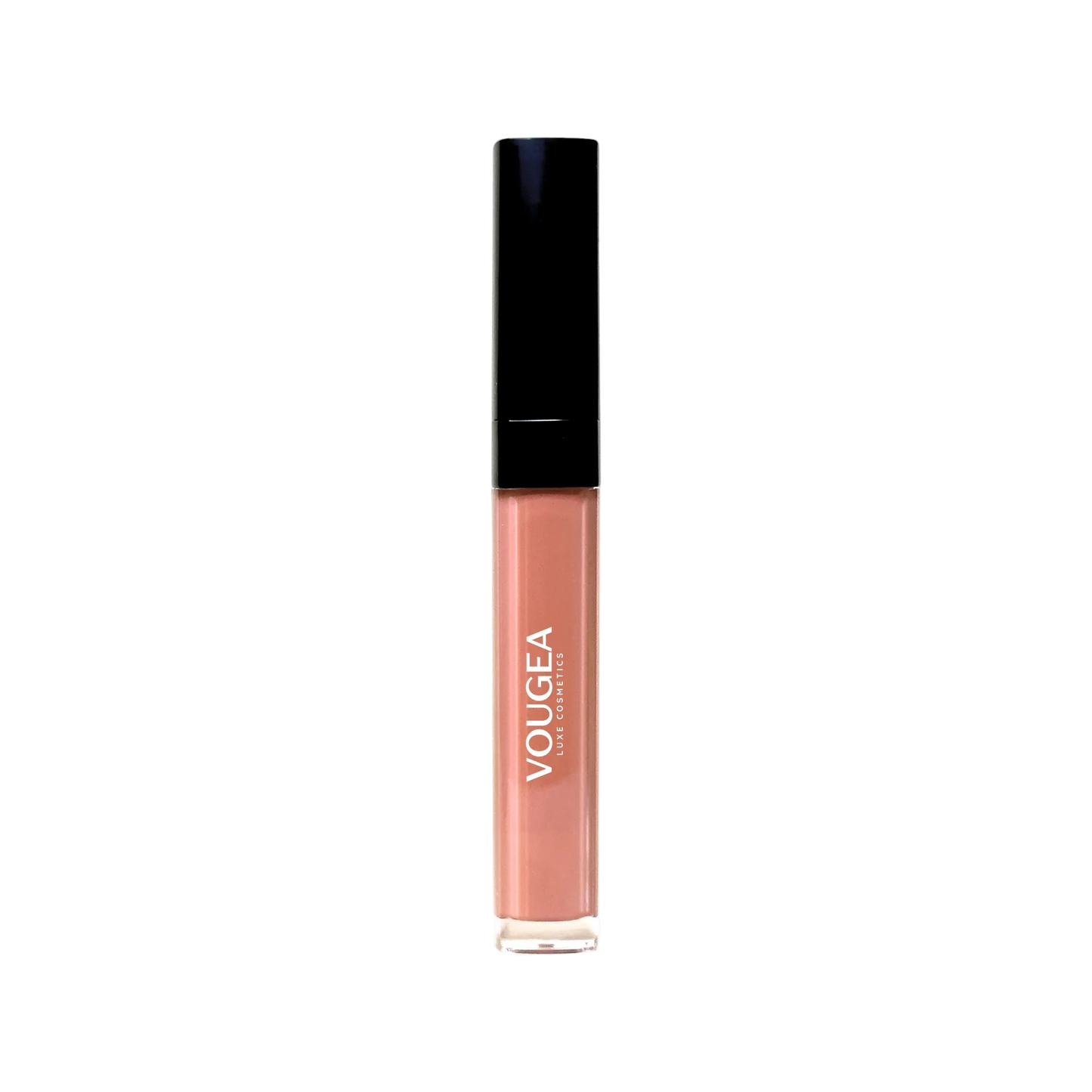 VOUGEA Luxe Hydrating Lip Oil in sleek rose gold tube with shimmering finish on blush pink background