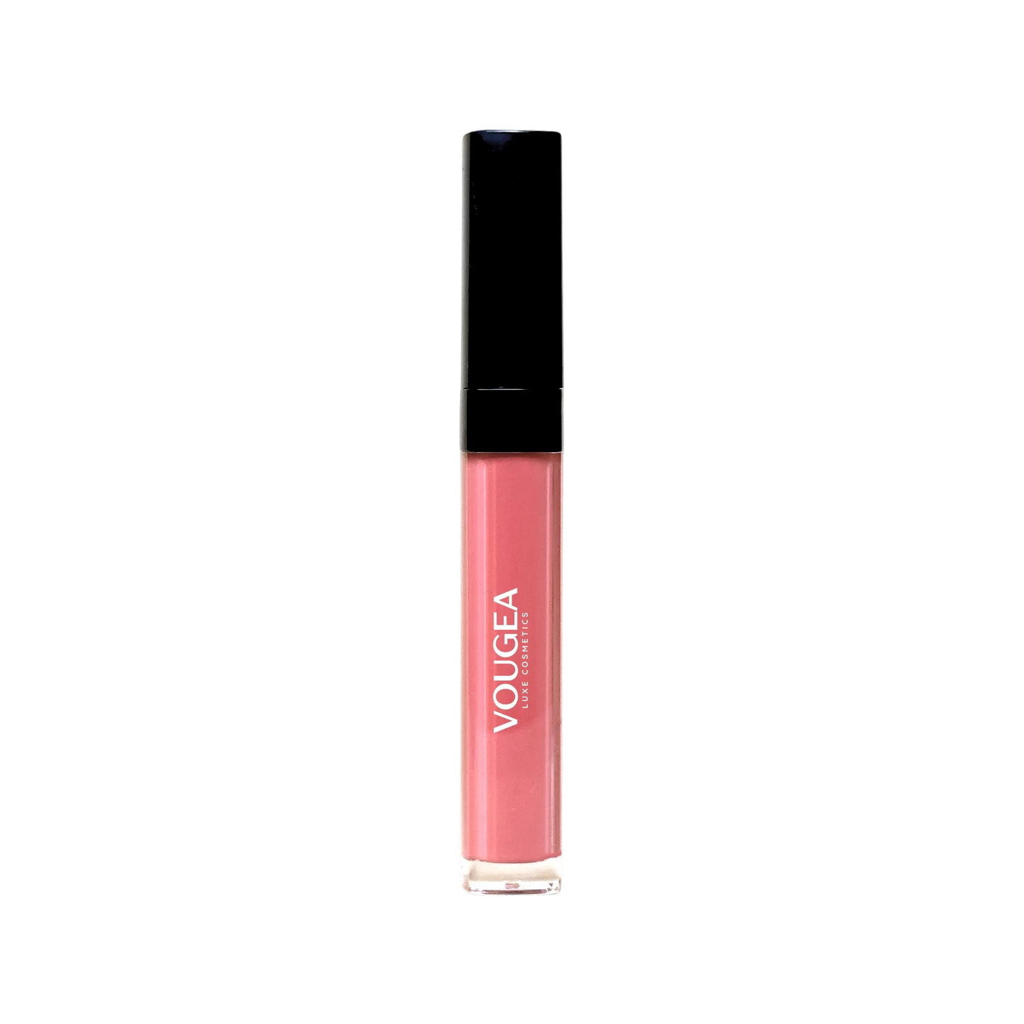 VOUGEA Luxe Hydrating Lip Oil in sleek rose gold tube with shimmering finish on blush pink background