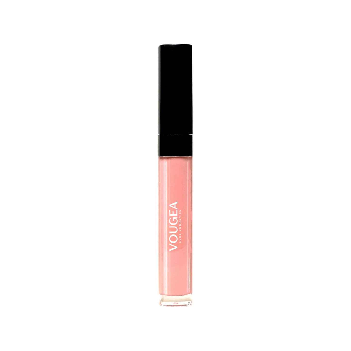 VOUGEA Luxe Hydrating Lip Oil in sleek rose gold tube with shimmering finish on blush pink background