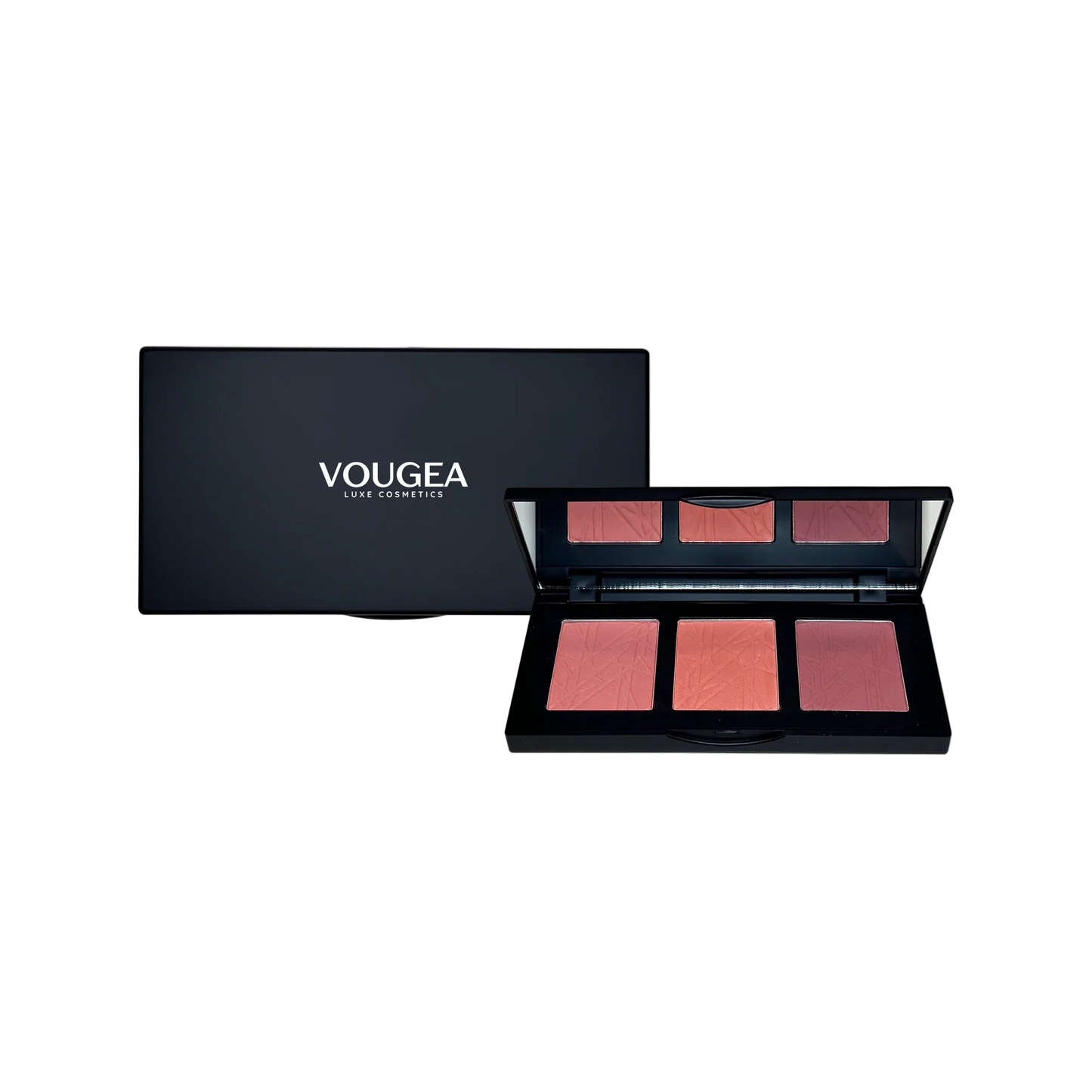 VOUGEA Luxe 3-Shade Blush Palette in sleek compact with matte powder shades displayed on blush pink background