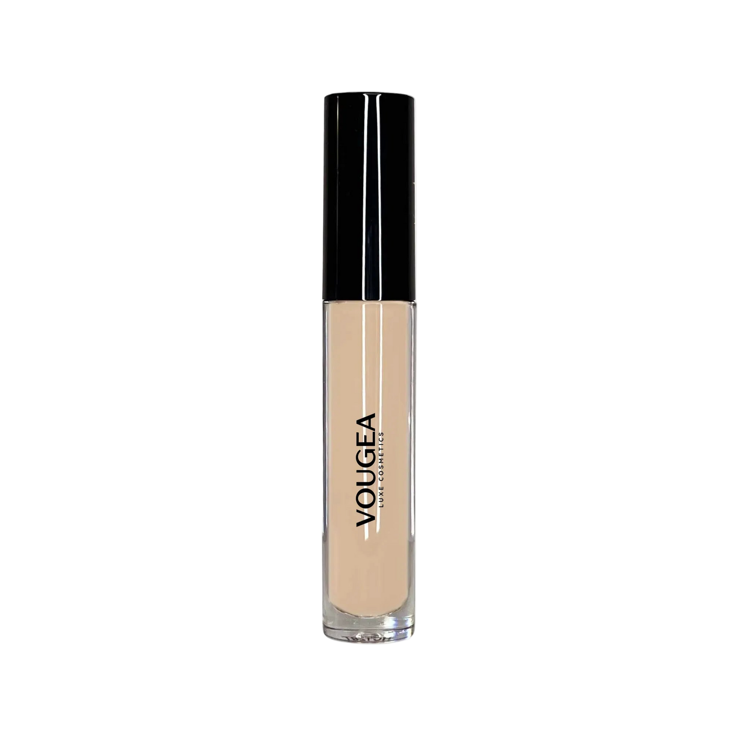VOUGEA Luxe Concealing Cream with doe-foot applicator and creamy texture swatched on blush pink background