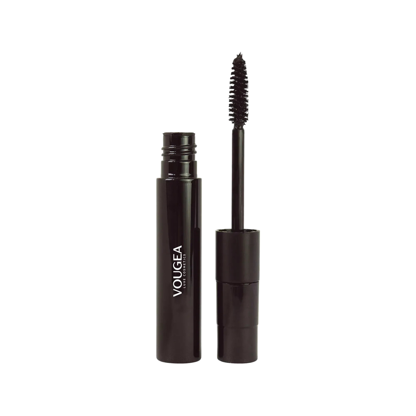VOUGEA Luxe Dual Lash Mascara with dual wands showing natural and volumizing options on blush pink background