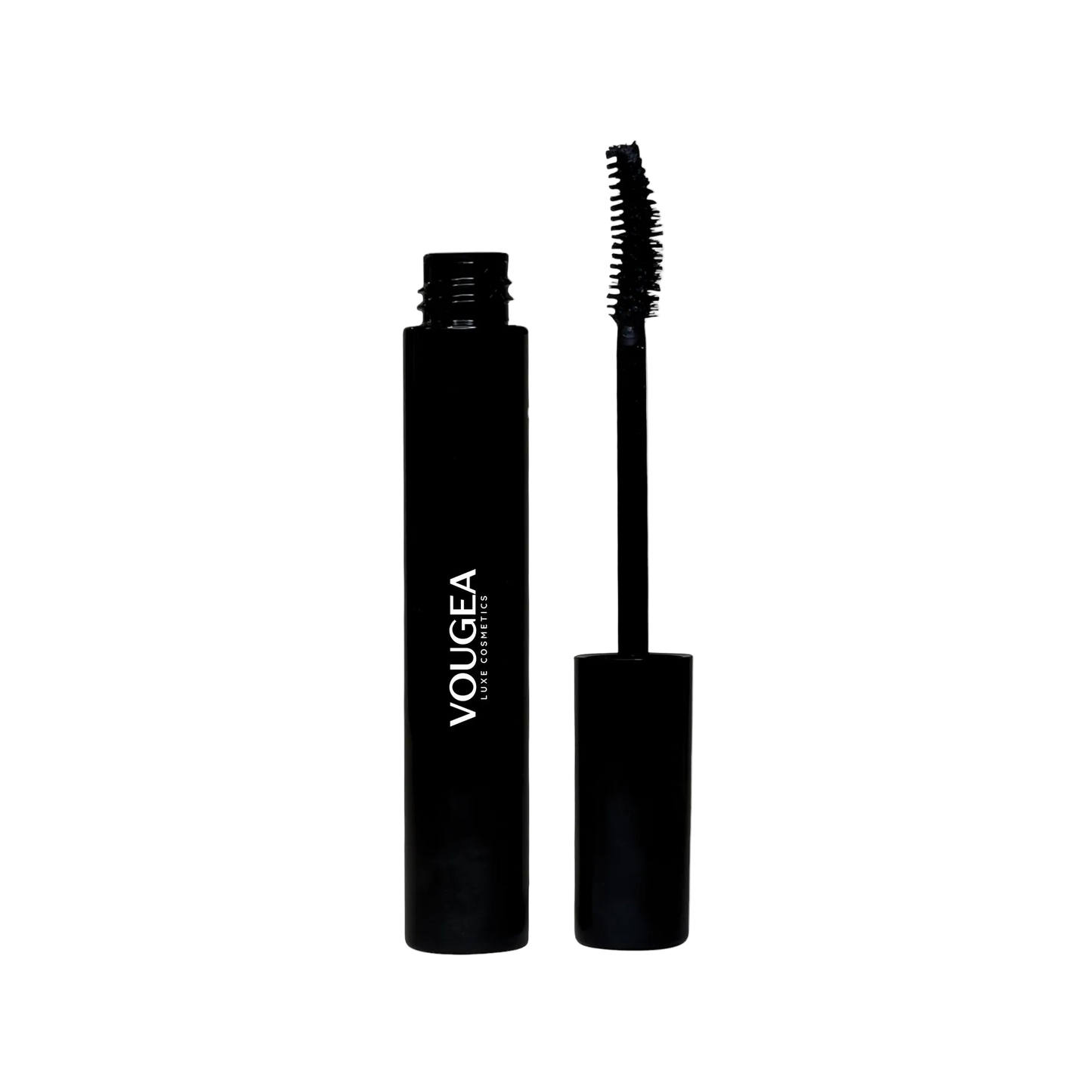 VOUGEA Luxe 4-in-1 Luxury Mascara with curved wand displayed on a sleek charcoal gray background
