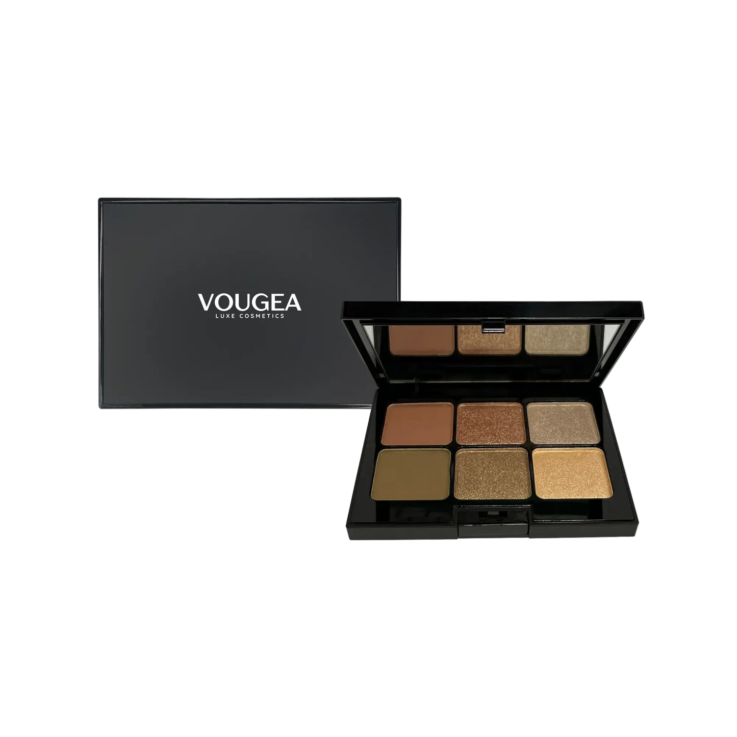VOUGEA Luxe 6-Shade Eyeshadow Palette with shimmering and matte shades displayed in rose gold compact