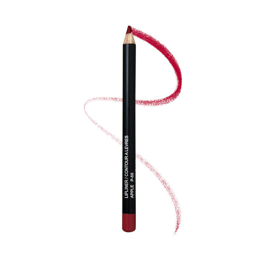 VOUGEA Luxe Lip Liner – Apple pencil with vibrant red pigment swatched on blush rose background