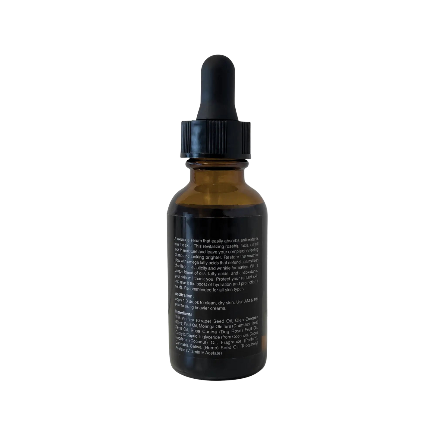VOUGEA Luxe Rosehip Anti-Aging Serum in glass dropper bottle with rose petals on blush pink background