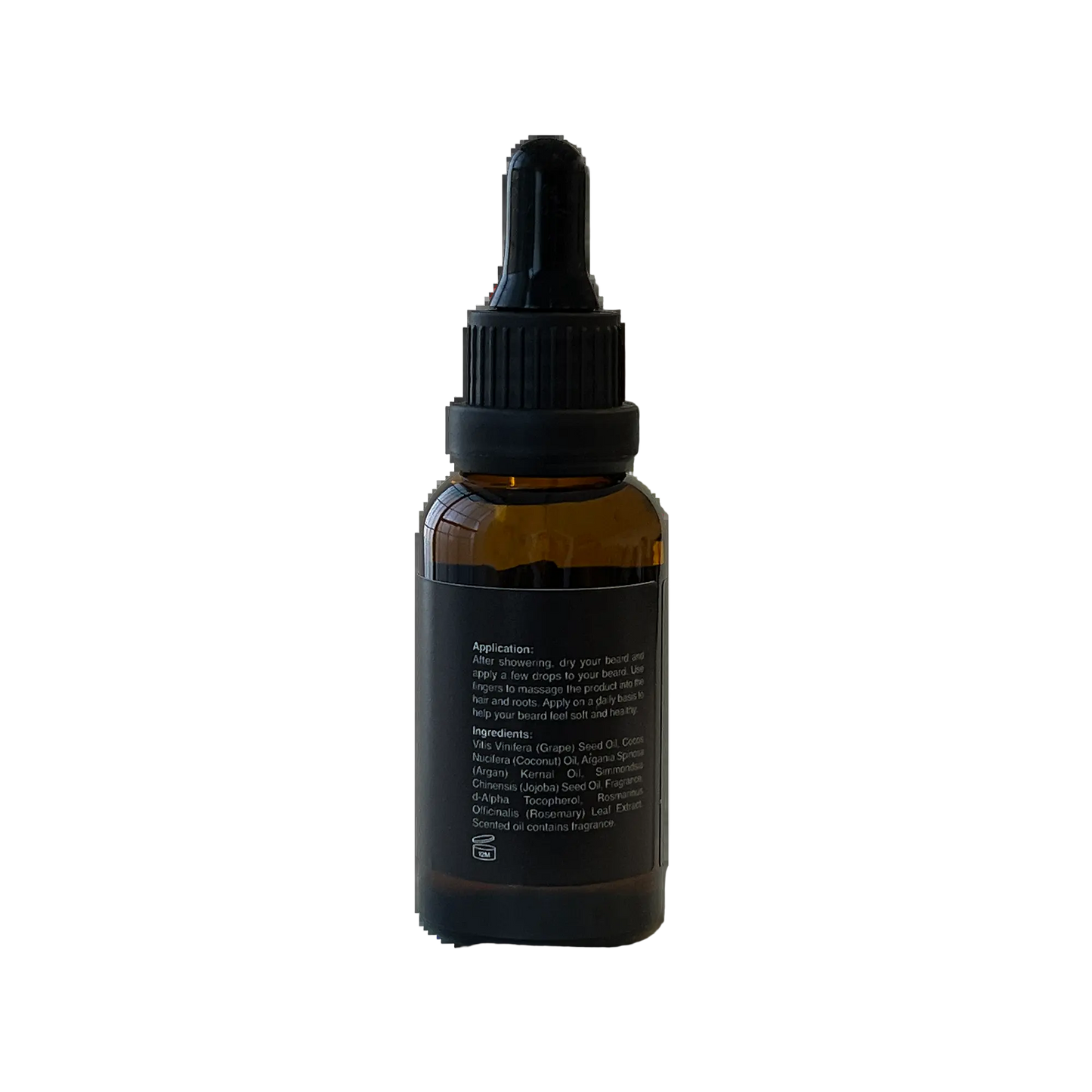 VOUGEA Luxe Premium Beard Oil in amber glass dropper bottle with rosemary sprigs and argan seeds on natural wood background