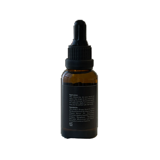 VOUGEA Luxe Premium Beard Oil in amber glass dropper bottle with rosemary sprigs and argan seeds on natural wood background