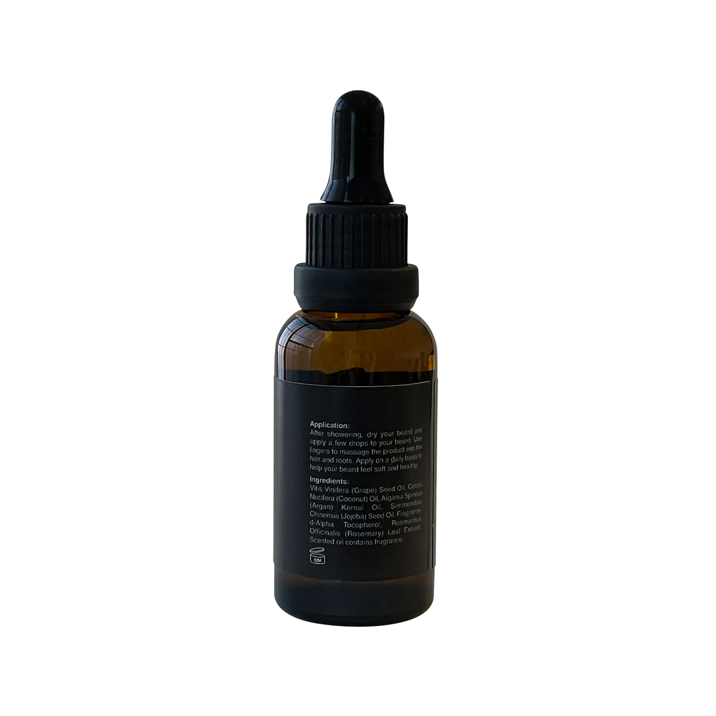 VOUGEA Luxe Premium Beard Oil in amber glass dropper bottle with rosemary sprigs and argan seeds on natural wood background