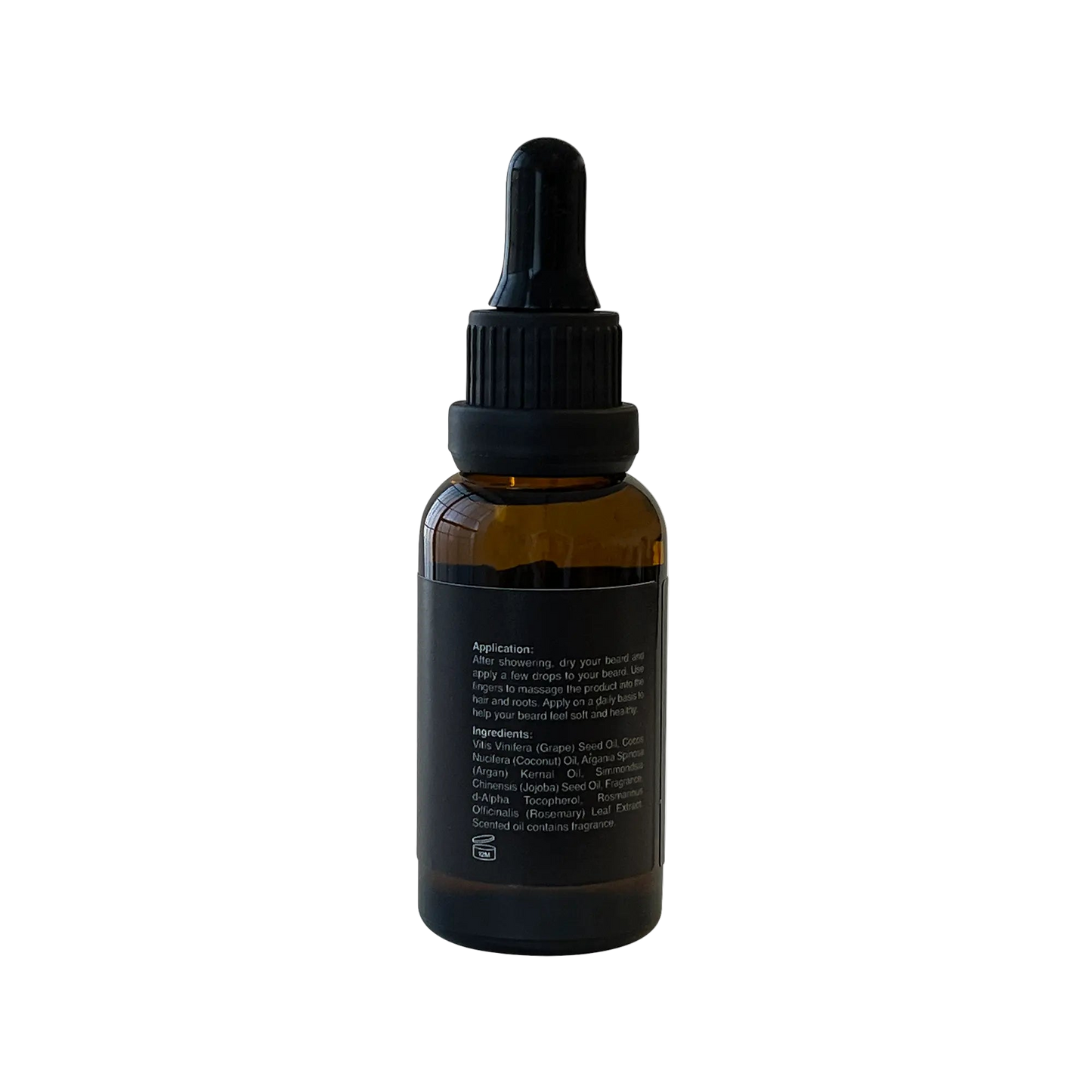 VOUGEA Luxe Premium Beard Oil in amber glass dropper bottle with rosemary sprigs and argan seeds on natural wood background