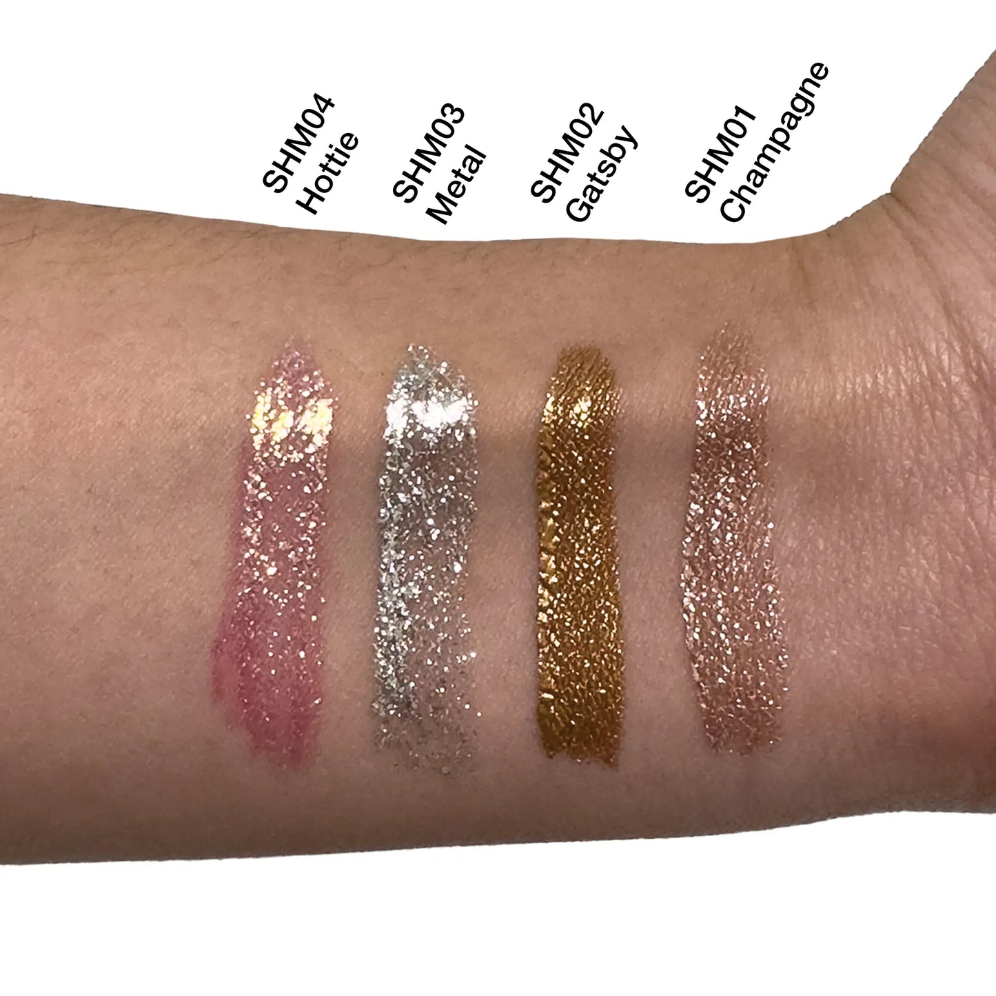VOUGEA Luxe Liquid Shimmer tube with radiant glow swatched across lips, eyes, and cheekbones