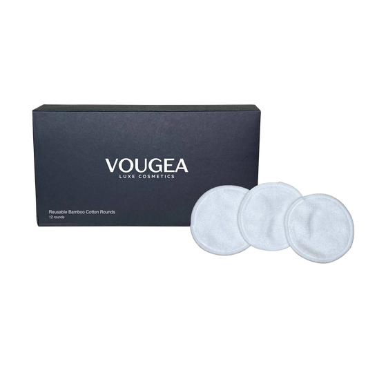 VOUGEA Luxe Reusable Bamboo Cotton Rounds (12-pack) stacked with eco-friendly pouch on neutral background