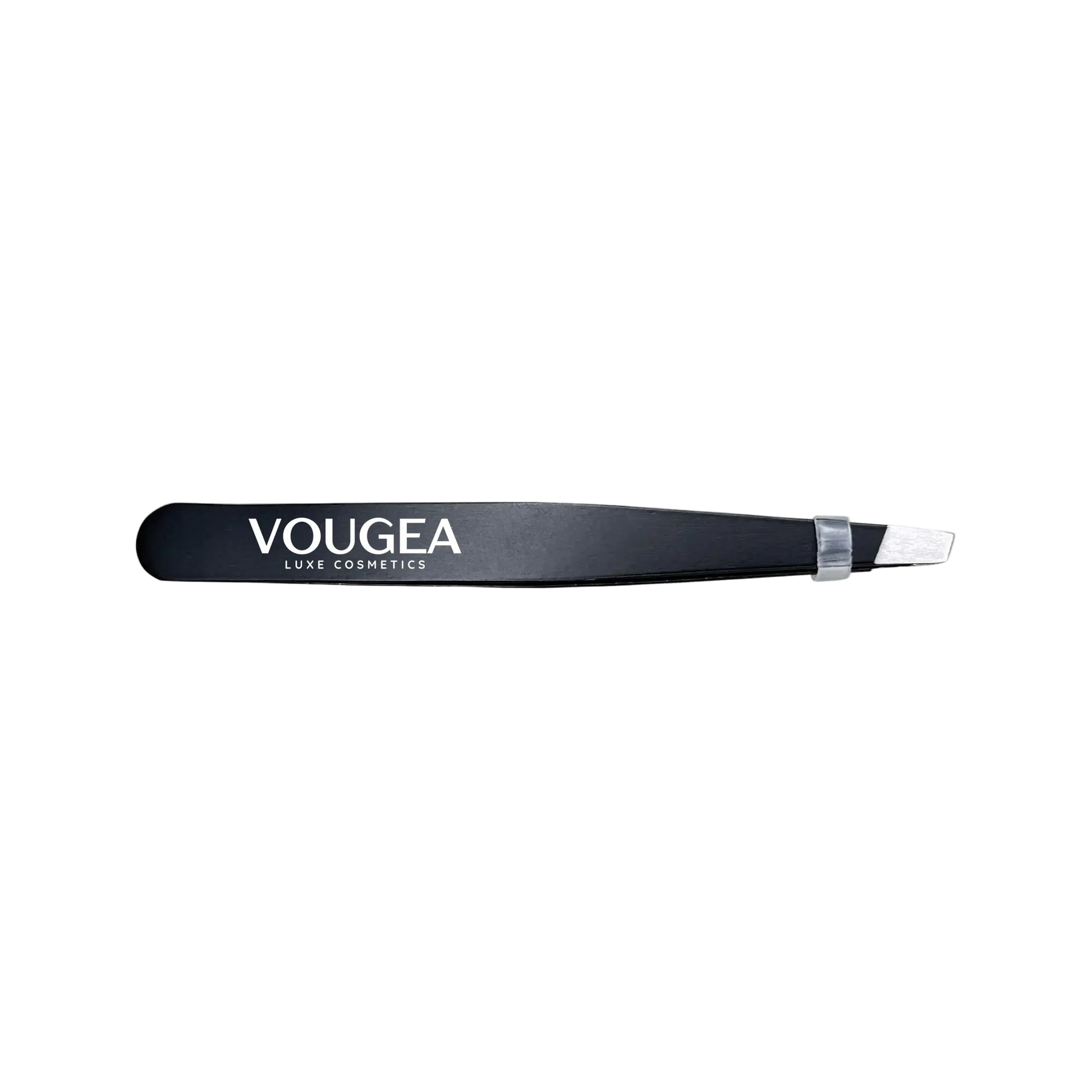 VOUGEA Luxe Precision Tweezers with stainless steel slanted tip on soft silver background
