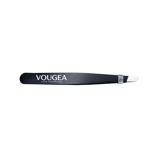 VOUGEA Luxe Precision Tweezers with stainless steel slanted tip on soft silver background