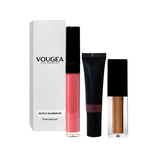 VOUGEA Luxe Glitz & Glamor Set – lip oil, liquid blush, and liquid shimmer trio
