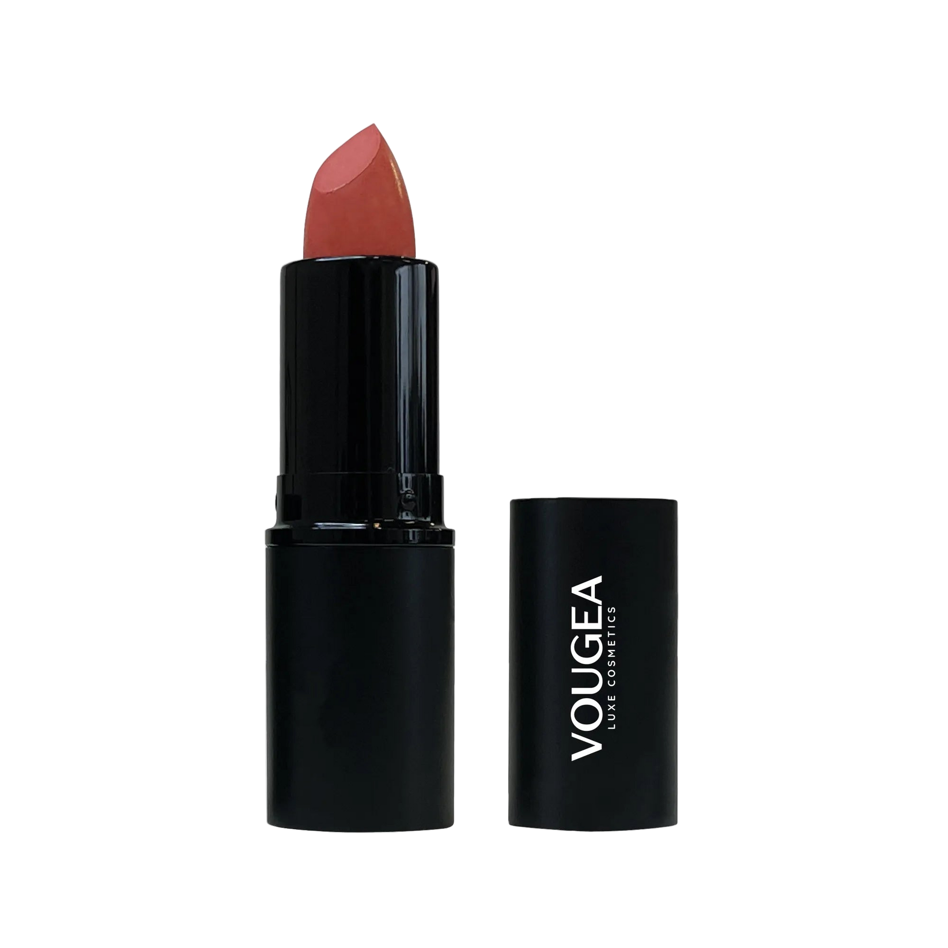 VOUGEA Luxe Lipstick – Simply Mauve in sleek rose gold case with lipstick bullet angled on blush background