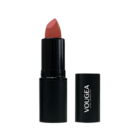 VOUGEA Luxe Lipstick – Simply Mauve in sleek rose gold case with lipstick bullet angled on blush background