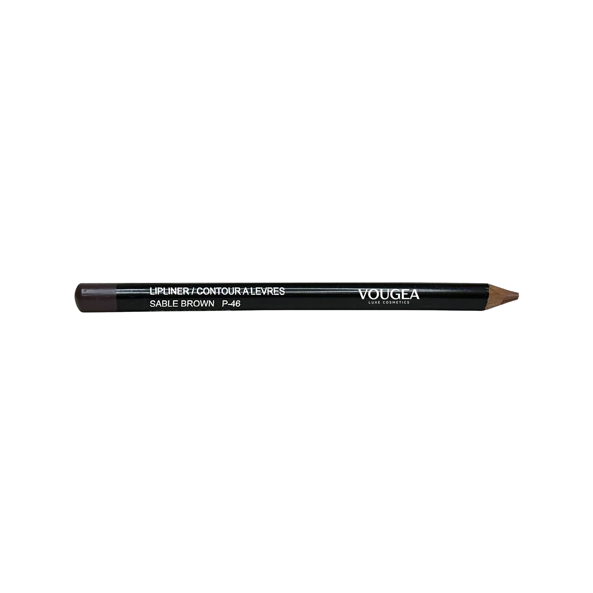 VOUGEA Luxe Lip Liner – Sable Brown pencil with creamy brown tip swatched on blush pink background