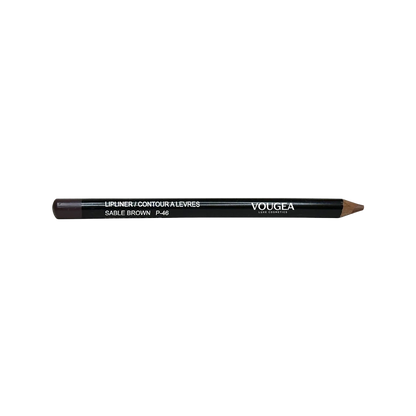 VOUGEA Luxe Lip Liner – Sable Brown pencil with creamy brown tip swatched on blush pink background