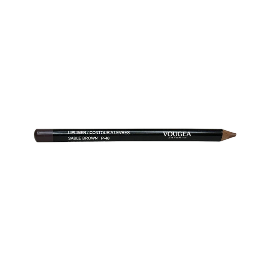 VOUGEA Luxe Lip Liner – Sable Brown pencil with creamy brown tip swatched on blush pink background