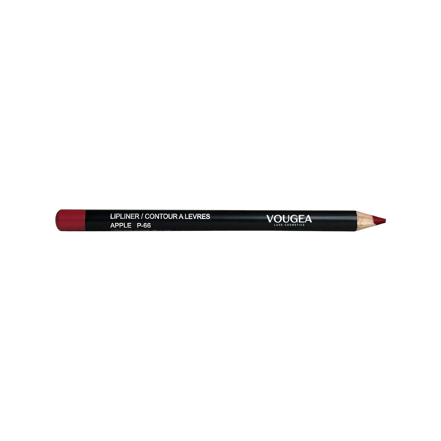 VOUGEA Luxe Lip Liner – Apple pencil with vibrant red pigment swatched on blush rose background