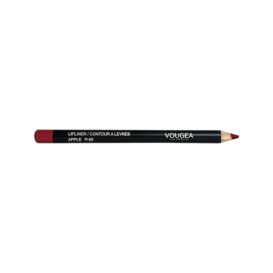 VOUGEA Luxe Lip Liner – Apple pencil with vibrant red pigment swatched on blush rose background