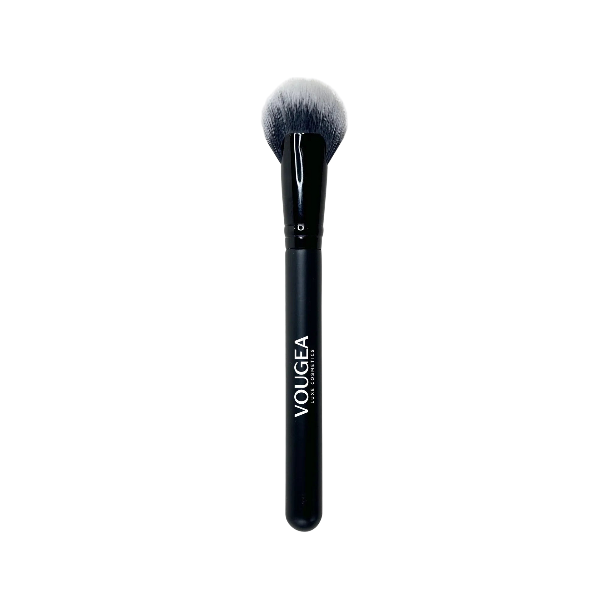 VOUGEA Luxe Cheek Fan Brush with soft fanned bristles displayed on blush pink background