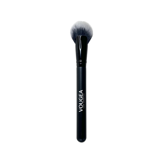 VOUGEA Luxe Cheek Fan Brush with soft fanned bristles displayed on blush pink background