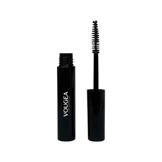 VOUGEA Luxe Lash Rejuvenator serum bottle with dropper on blush pink background surrounded by botanical elements