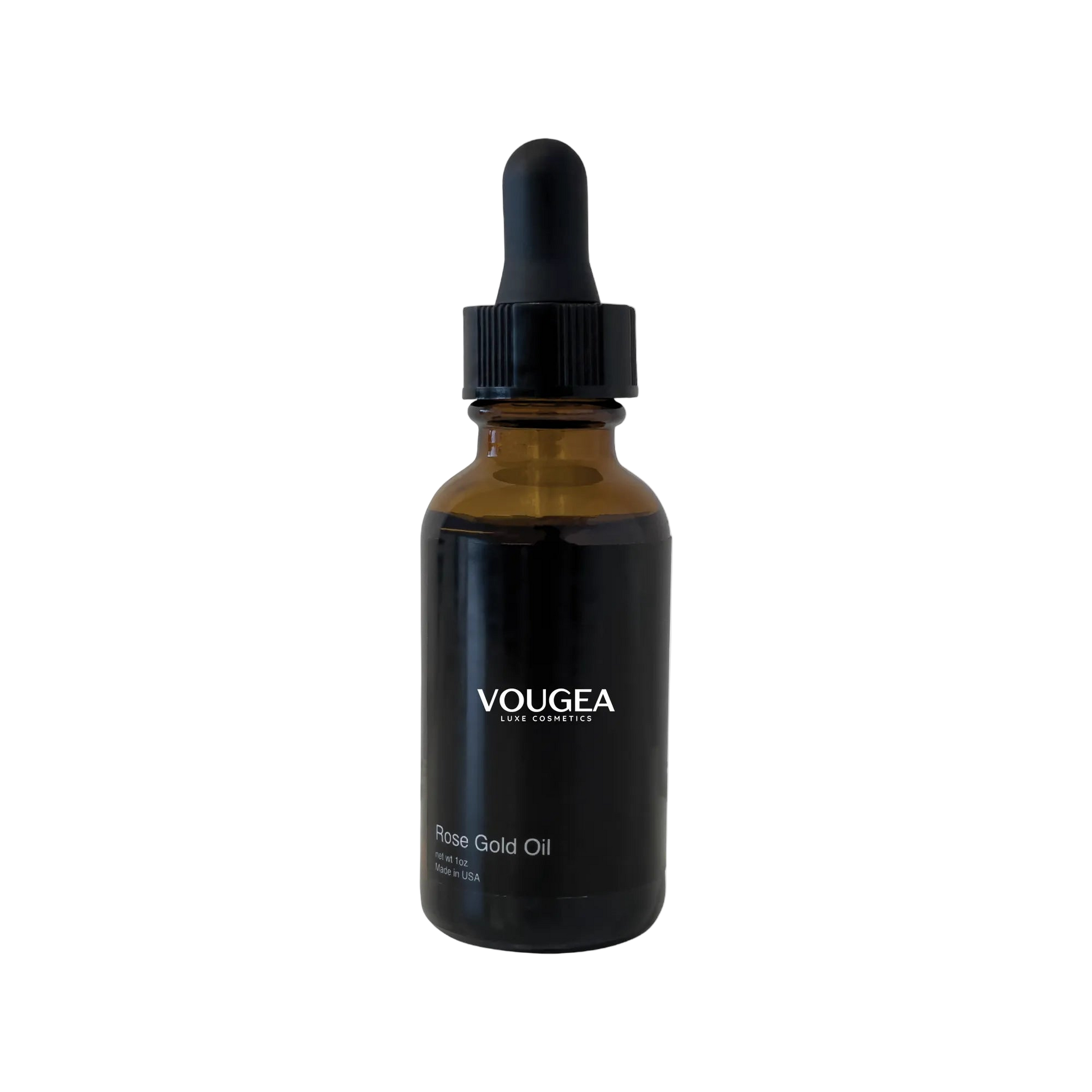 VOUGEA Luxe Rosehip Anti-Aging Serum in glass dropper bottle with rose petals on blush pink background