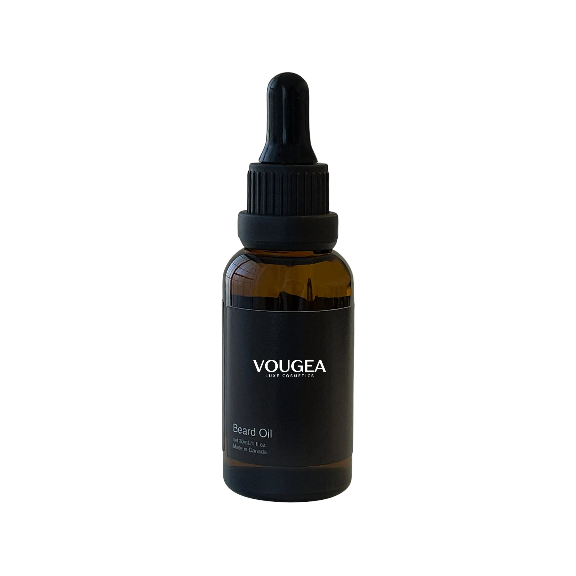 VOUGEA Luxe Premium Beard Oil in amber glass dropper bottle with rosemary sprigs and argan seeds on natural wood background