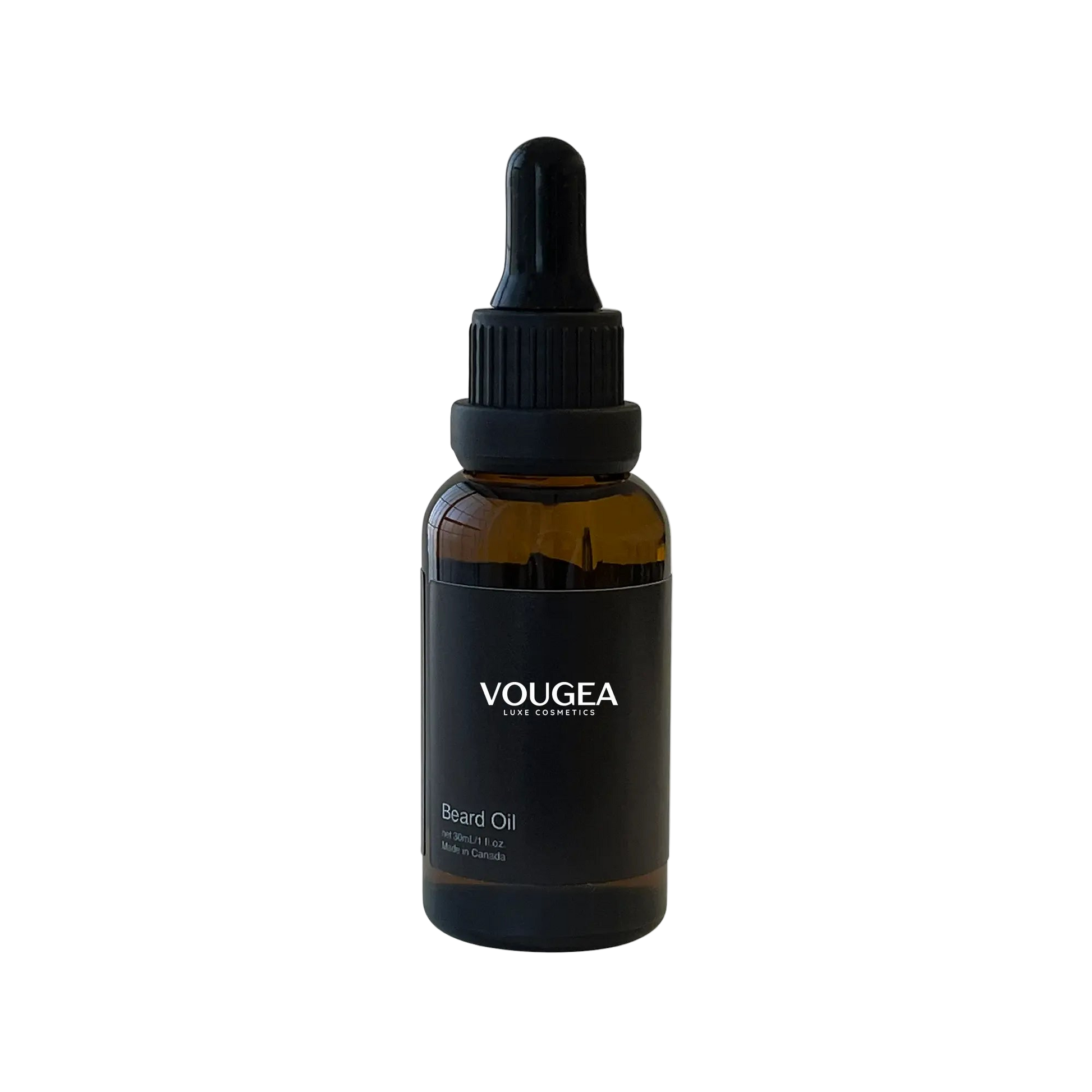 VOUGEA Luxe Premium Beard Oil in amber glass dropper bottle with rosemary sprigs and argan seeds on natural wood background