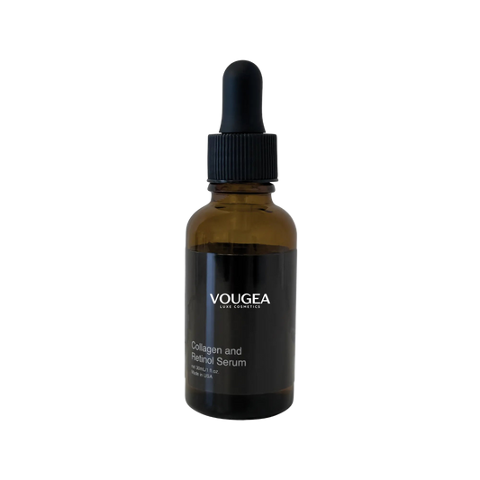 VOUGEA Luxe Collagen + Retinol Serum in glass dropper bottle with golden accents on soft blush background