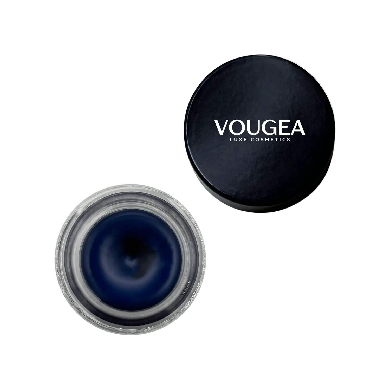 VOUGEA Luxe Gel Eyeliner in sleek pot with angled brush on rose gold background