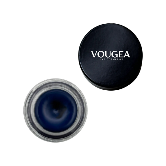VOUGEA Luxe Gel Eyeliner in sleek pot with angled brush on rose gold background