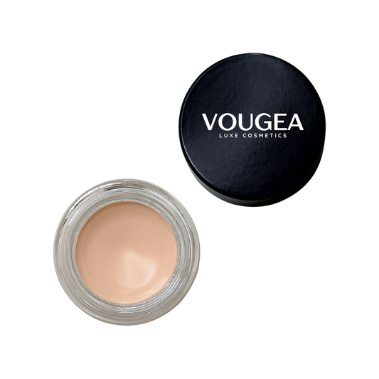 VOUGEA Luxe Eye Primer tube displayed on a soft blush pink background with shadow swatches