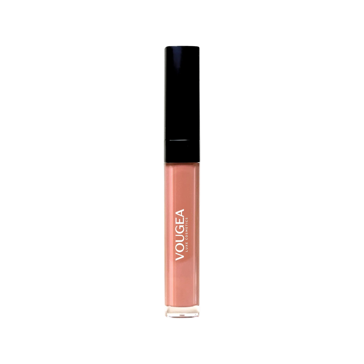 VOUGEA Luxe Hydrating Lip Oil in sleek rose gold tube with shimmering finish on blush pink background