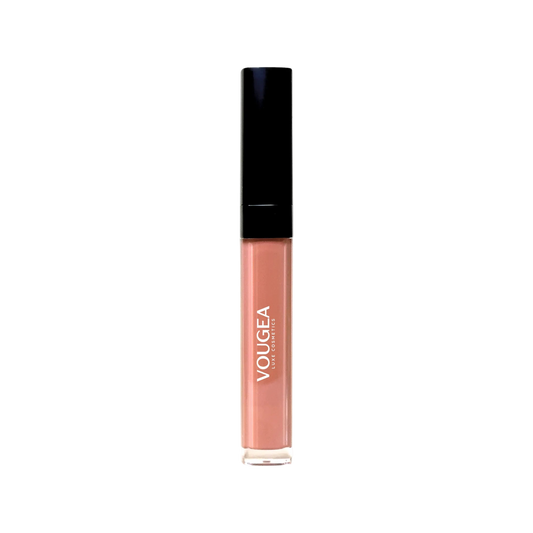 VOUGEA Luxe Hydrating Lip Oil in sleek rose gold tube with shimmering finish on blush pink background