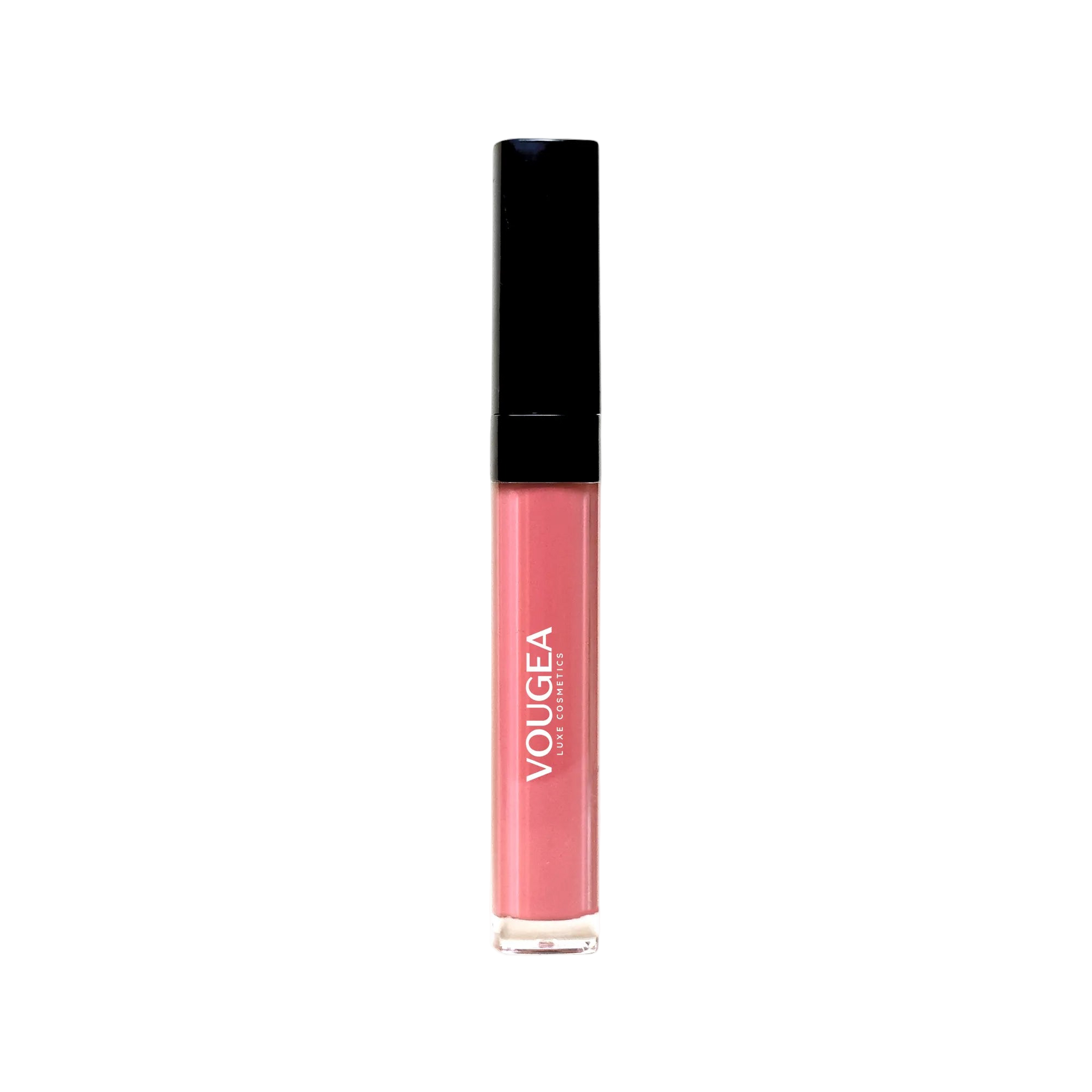 VOUGEA Luxe Hydrating Lip Oil in sleek rose gold tube with shimmering finish on blush pink background