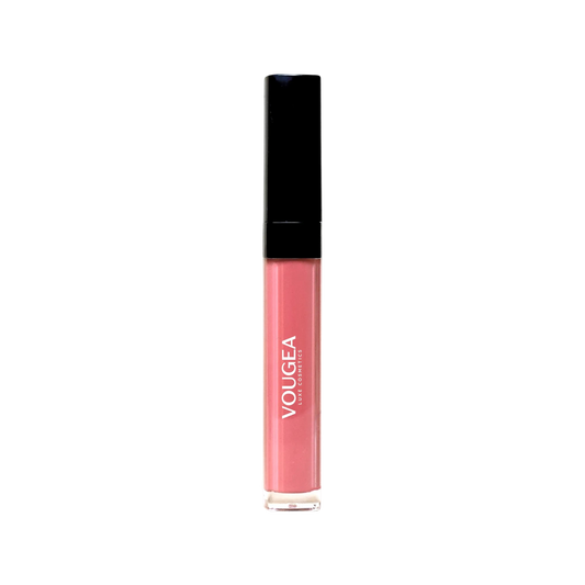 VOUGEA Luxe Hydrating Lip Oil in sleek rose gold tube with shimmering finish on blush pink background