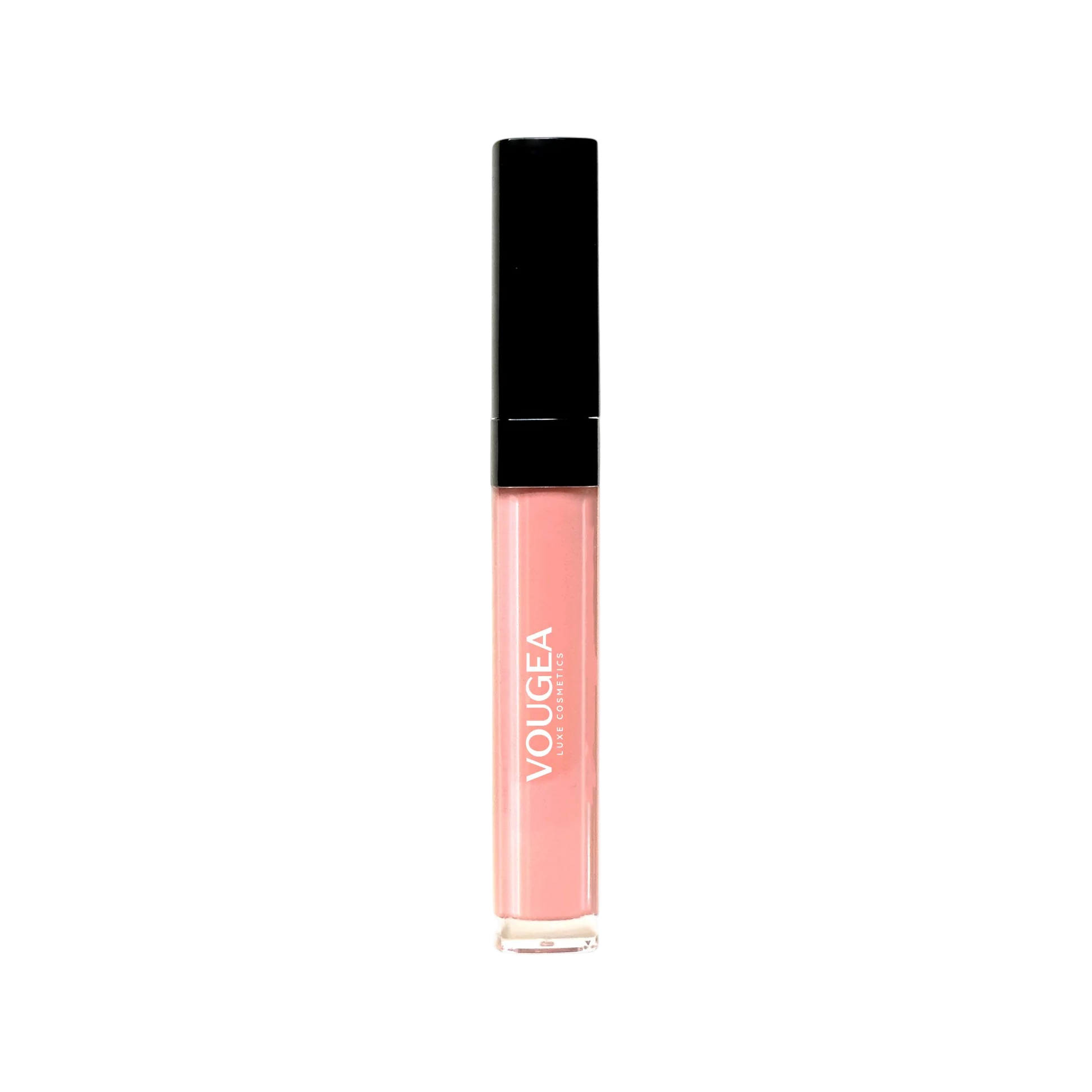 VOUGEA Luxe Hydrating Lip Oil in sleek rose gold tube with shimmering finish on blush pink background