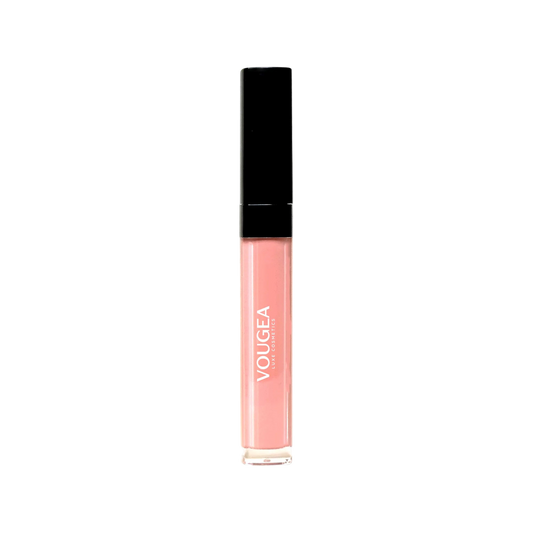 VOUGEA Luxe Hydrating Lip Oil in sleek rose gold tube with shimmering finish on blush pink background
